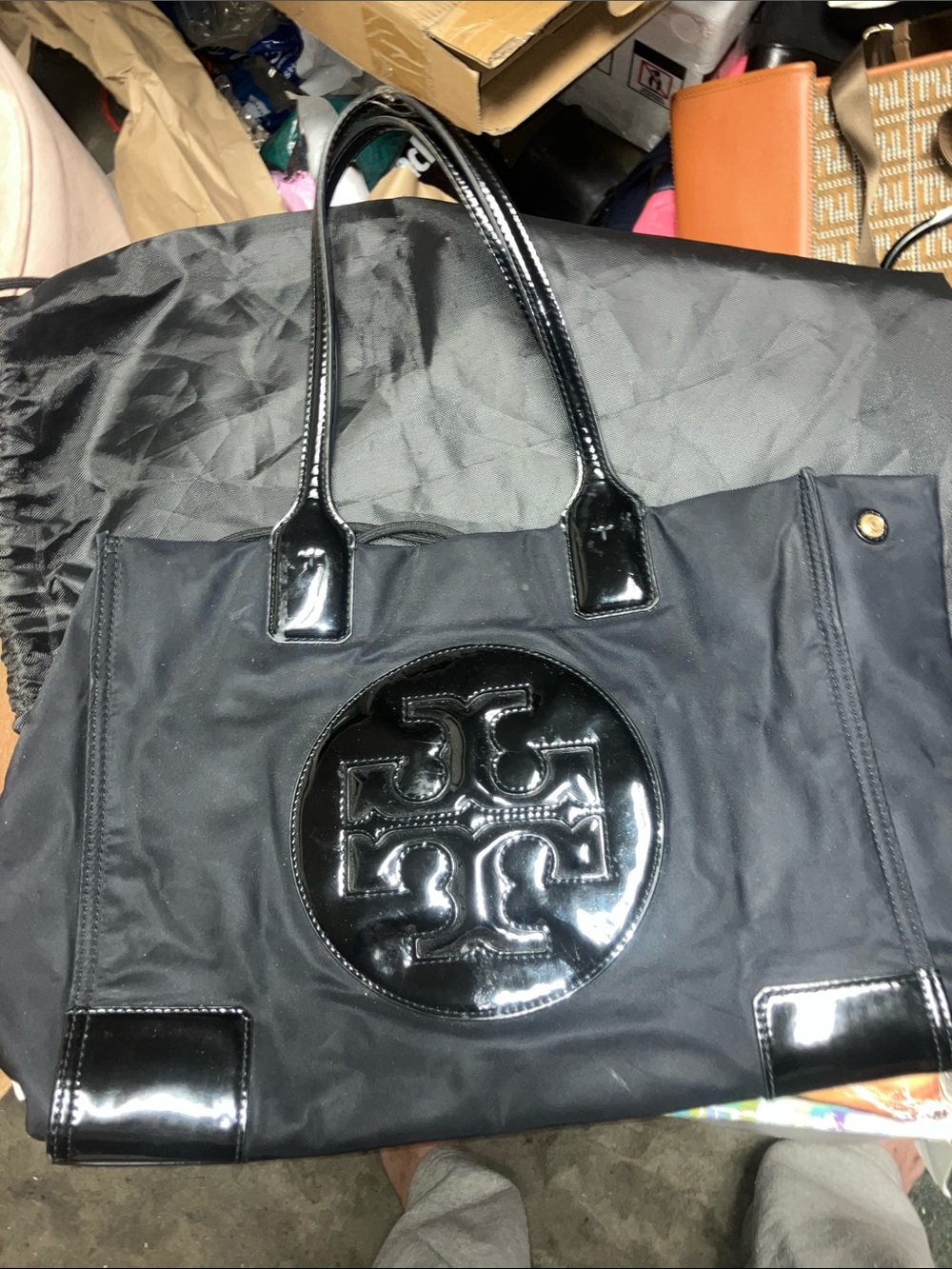 Tory Burch Black Nylon Tote with Patent Logo Trim - Picture 2 of 8